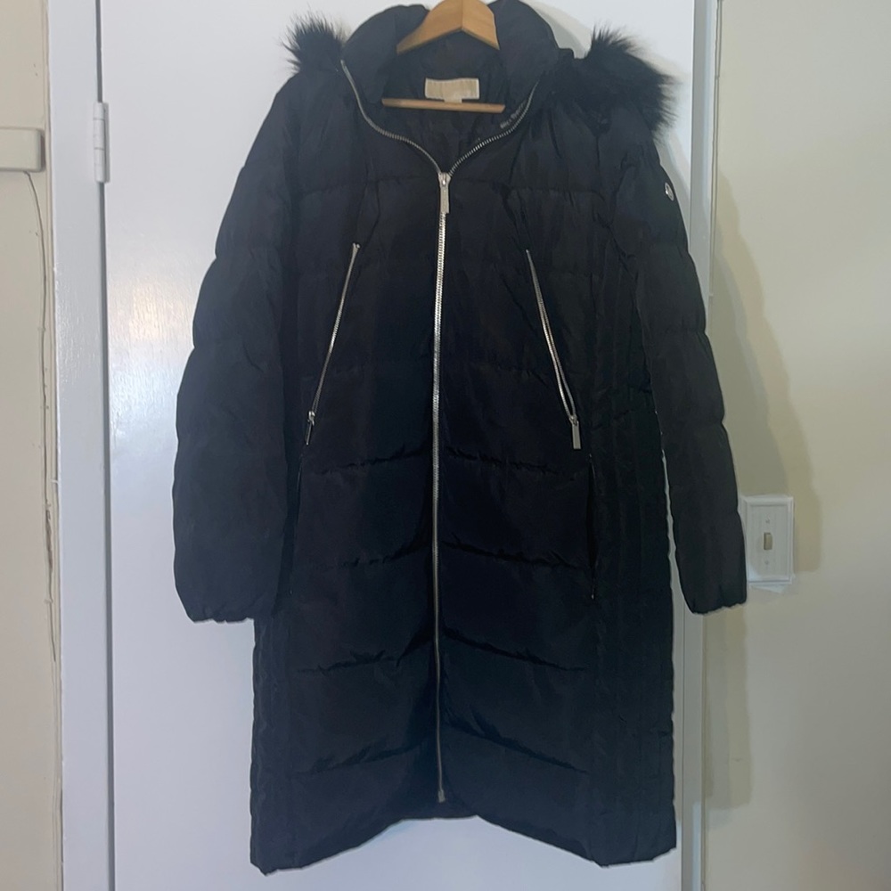 Michael Kors Long Puffer Jacket with silver zipper